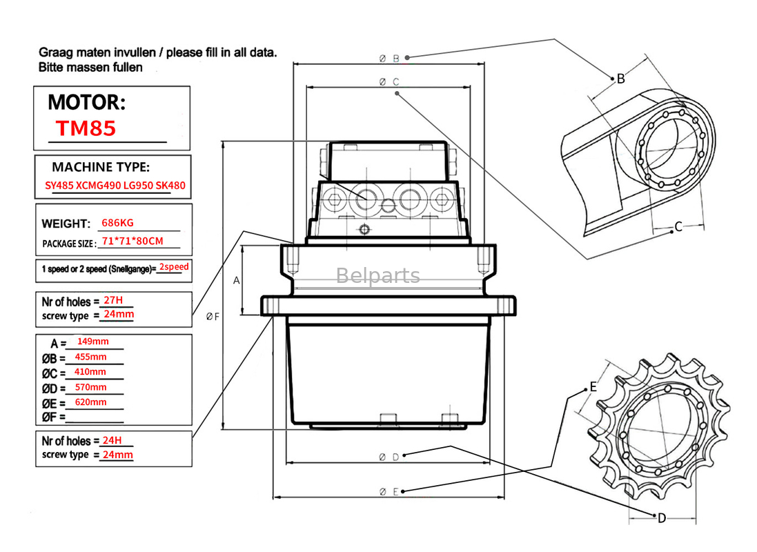 أجزاء حفرة الحفرة محرك السفر Assy TM85 SY485 XCM490 LG950 SK480 محرك القيادة النهائي Assy لـ kobelco sany