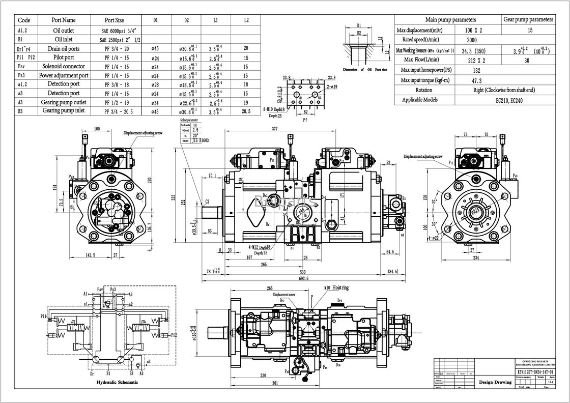 مضخة هيدروليكية لأجزاء حفارة VOLVOo EC210 EC210B EC240 EC240B SA 1142-00012 SA 8230-14650 SA 1142-00531 Kawasaki K3V112DT-9N24-14T OEM مضخة المكبس